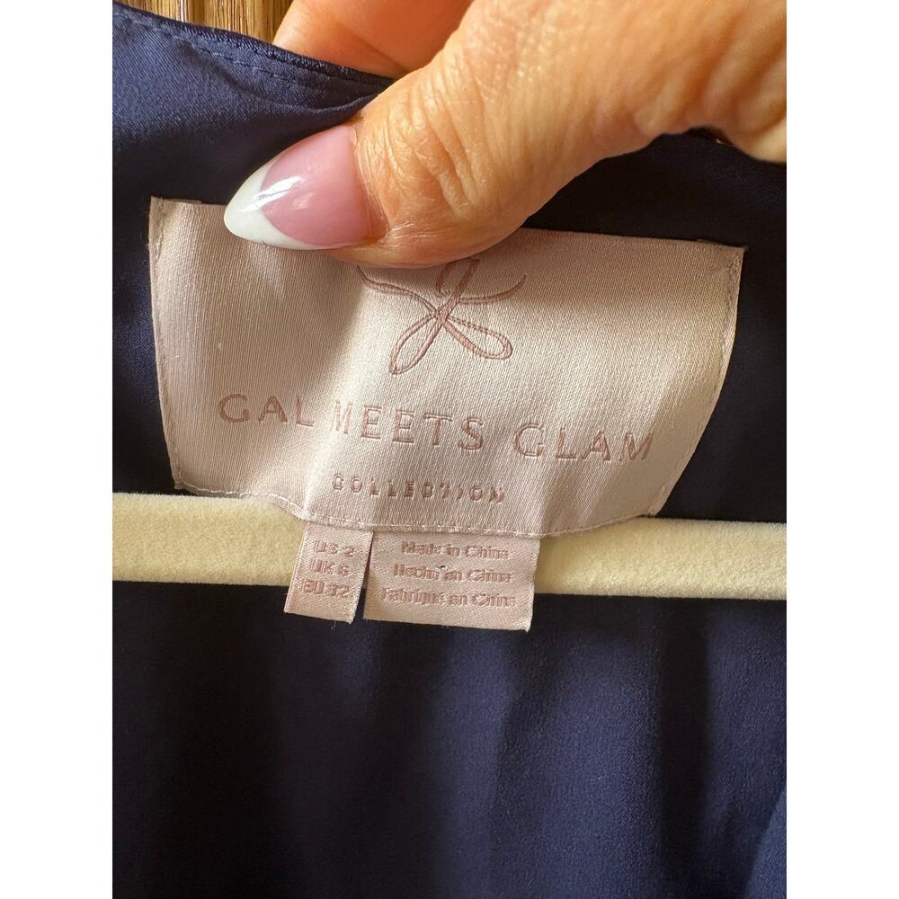 Gal Meets Glam Jennifer Navy Midi Satin Ruffle Wrap Hi Low Dress Size 2 - Picture 9 of 11
